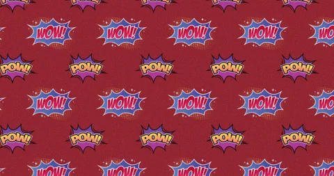 Animation of multiple cartoon bubble with WOW and POW written in yellow and red Stock Footage 135680320
