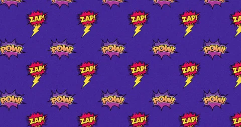 Animation of multiple cartoon bubble with ZAP and POW written in yellow on a Stock Footage 135680317