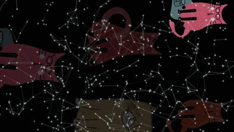 Animation of multiple cat icons over network of connections against black Stock Footage 313166272