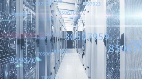 Animation of multiple changing numbers against microprocessor connections over Vídeo Stock 327004014
