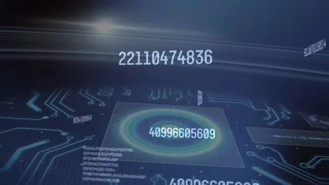 Animation of multiple changing numbers over round scanner and microprocessor Video stock 204821418
