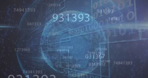 Animation of multiple changing numbers over binary coding and globe against blue Stock Footage 326094956