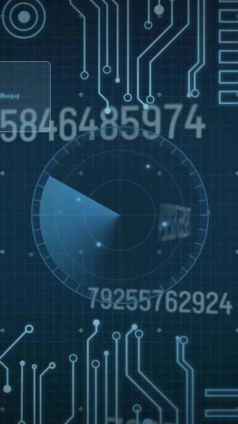 Animation of multiple changing numbers, round scanner and microprocessor Stock Footage 343996394
