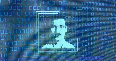 Animation of multiple changing profile icons over binary coding data processing Stock Footage 330475151