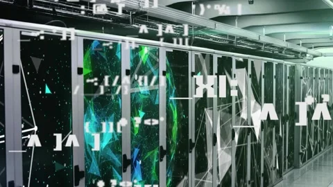 Animation of multiple changing symbols against plexus network over computer Stock Footage 328407490