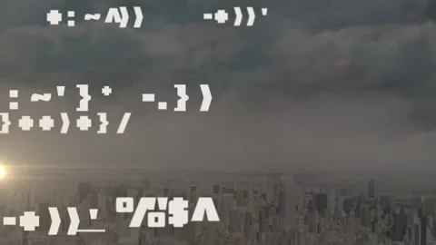 Animation of multiple changing symbols and bright light spot against aerial view 動画素材 325964250