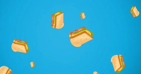 Animation of multiple cheese sandwiches floating on blue background Video stock 163184851