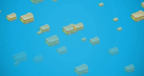 Animation of multiple cheese sandwiches floating on blue background Stock Footage 329104782