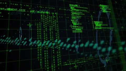 Animation of multiple circles, graphs over computer language against black Stock Footage 330175396