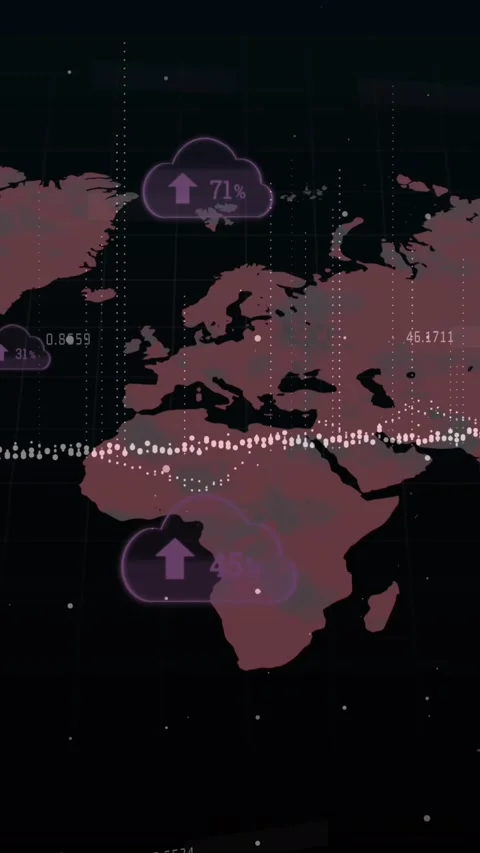 Animation of multiple cloud icons with increasing percentage over world map on Stock Footage 343128725