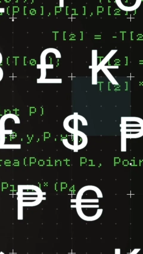 Animation of multiple currency symbols and programming language moving on black 動画素材 320288885
