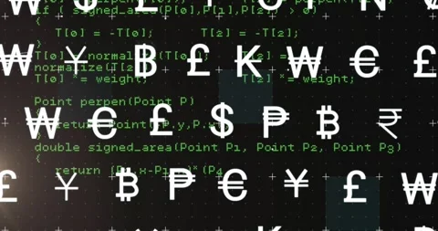 Animation of multiple currency symbols and programming language moving on black Stock Footage 329033346