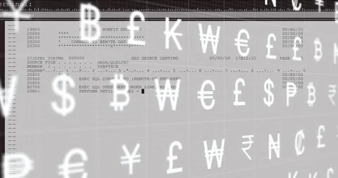 Animation of multiple currency symbols moving over programming language on 動画素材 330725104