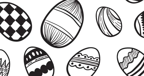 Animation of multiple decorated easter eggs in black and white on white Video stock 328636952