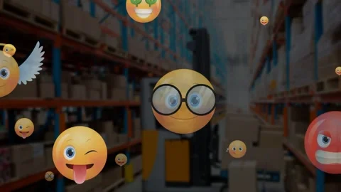 Animation of multiple different face emojis floating over forklift at warehouse Stock Footage 327355014