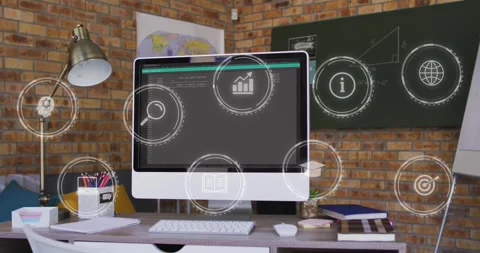 Animation of multiple digital icons against computer on desk Stock Footage 240179166