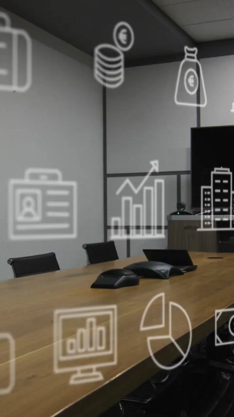 Animation of multiple digital icons against empty conference room at office Stock Footage 321381480