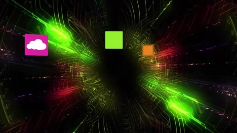 Animation of multiple digital icons against colorful light trails over Stock Footage 327711221