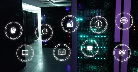 Animation of multiple digital icons against computer server room Stock Footage 330776425