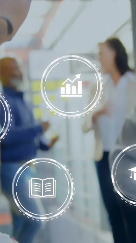 Animation of multiple digital icons against woman working on a model plan at Stock Footage 341976791