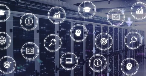 Animation of multiple digital icons and mosaic squares against computer server Stock Footage 246589152