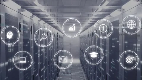 Animation of multiple digital icons and mosaic sqaures against computer server Stock Footage 249071460