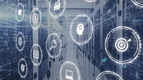 Animation of multiple digital icons and light spots against computer server room Stock Footage 249071514