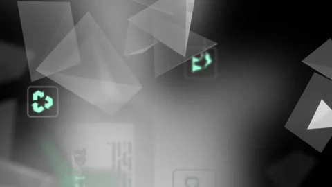 Animation of multiple digital icons and 3d triangular shapes floating against Stock Footage 313002172