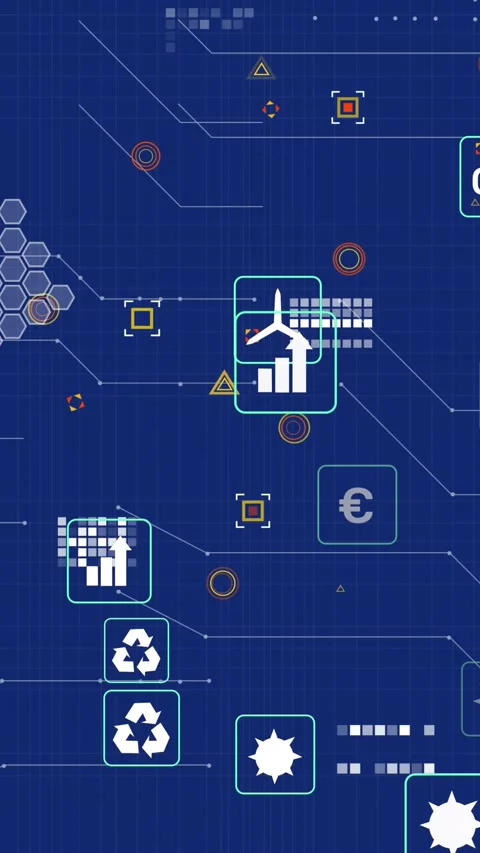 Animation of multiple digital icons and microprocessor connections against blue Video stock 321039132
