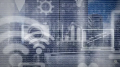 Animation of multiple digital icons and binary coding against aerial view of Stock Footage 326626044