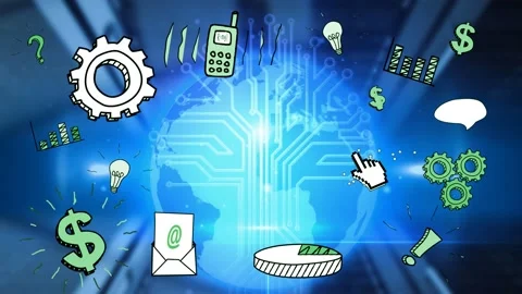 Animation of multiple digital icons and microprocessor connections over blue Video stock 328256877