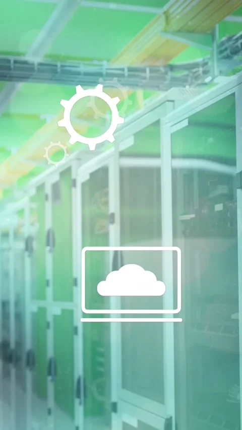 Animation of multiple digital icons and light spots against computer server room Stock Footage 344706406