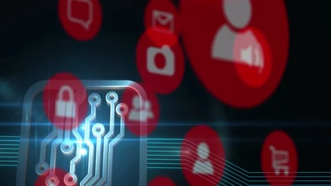 Animation of multiple digital icons floating over microprocessor connections and Stock Footage 221875497