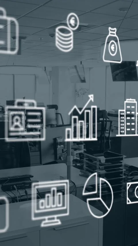 Animation of multiple digital icons moving against empty office Stock Footage 321381995