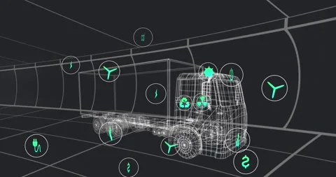 Animation of multiple digital icons over 3d truck model in seamless pattern on Stock Footage 230939769