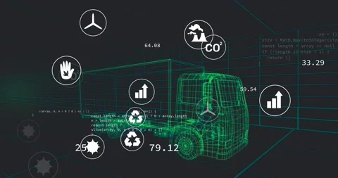 Animation of multiple digital icons over 3d truck model in seamless pattern and Stock Footage 230939781
