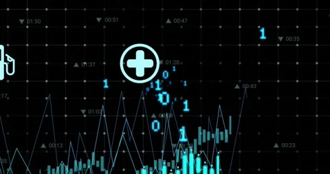 Animation of multiple digital icons over and binary coding over grid network on Stock Footage 241069463