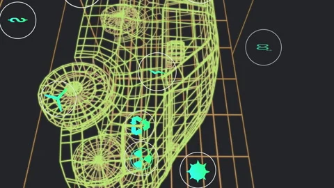 Animation of multiple digital icons over 3d van model moving in seamless pattern Stock Footage 312570456