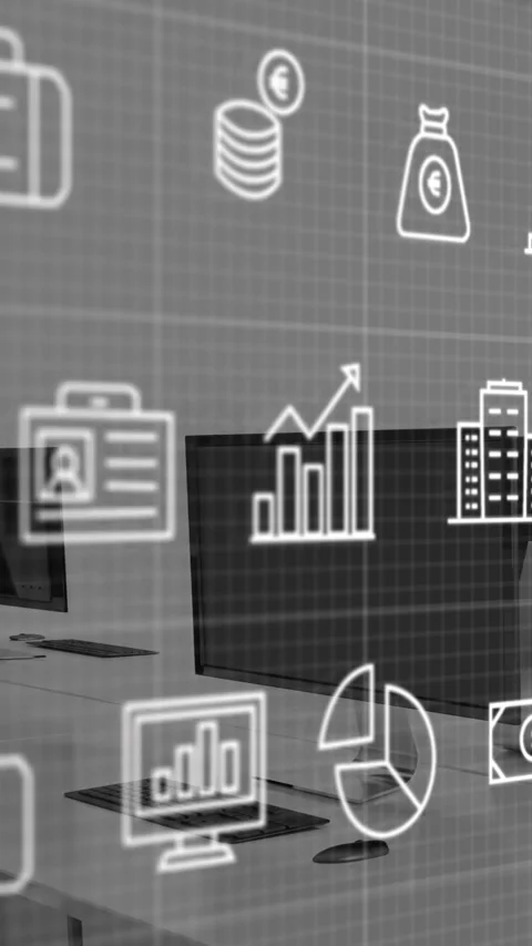 Animation of multiple digital icons over grid network against empty office Stock Footage 321381551