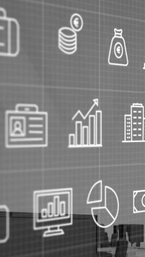 Animation of multiple digital icons over grid network against empty office Stock Footage 321381553