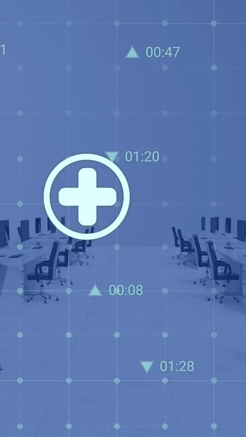 Animation of multiple digital icons over grid network against empty office Stock Footage 321382094