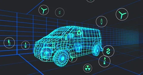 Animation of multiple digital icons over 3d van model moving in seamless pattern Stock Footage 326757696