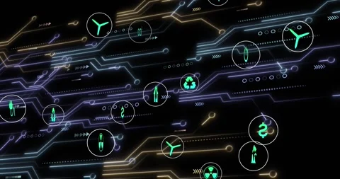 Animation of multiple digital icons over microprocessor connections against Stock Footage 327127479