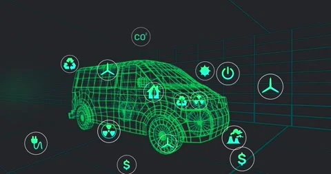 Animation of multiple digital icons over 3d van model moving in seamless pattern Stock Footage 327358990