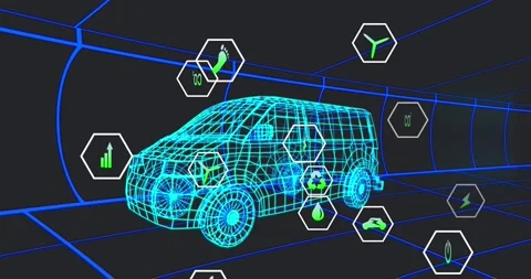 Animation of multiple digital icons over 3d van model moving in seamless pattern Stock Footage 328010570