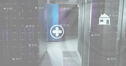 Animation of multiple digital icons over grid network against computer server Stock Footage 329511588