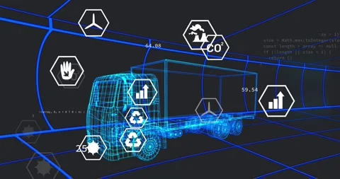 Animation of multiple digital icons over 3d truck model in seamless pattern and Stock Footage 330400154