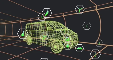 Animation of multiple digital icons over 3d van model moving in seamless pattern Stock Footage 330475631
