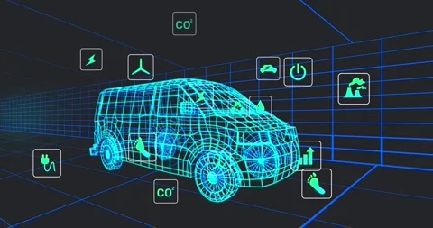 Animation of multiple digital icons over 3d van model moving in seamless pattern Stock Footage 330732654