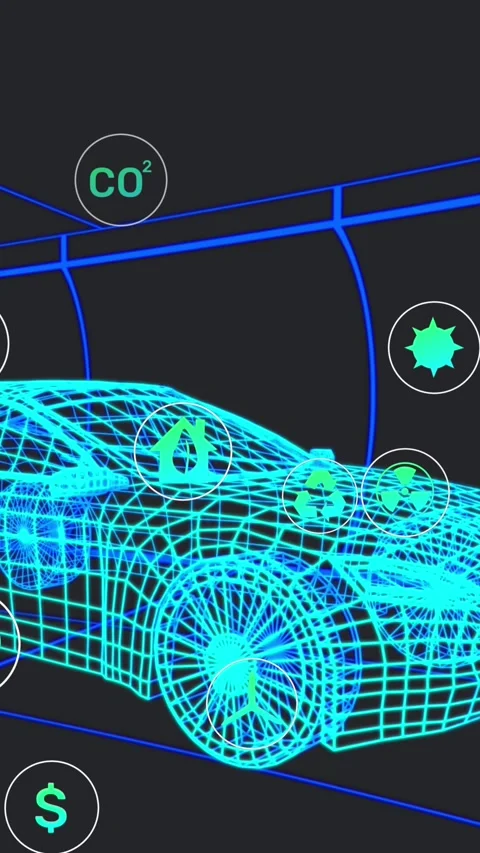 Animation of multiple digital icons over 3d car model moving in seamless pattern Stock Footage 342915372